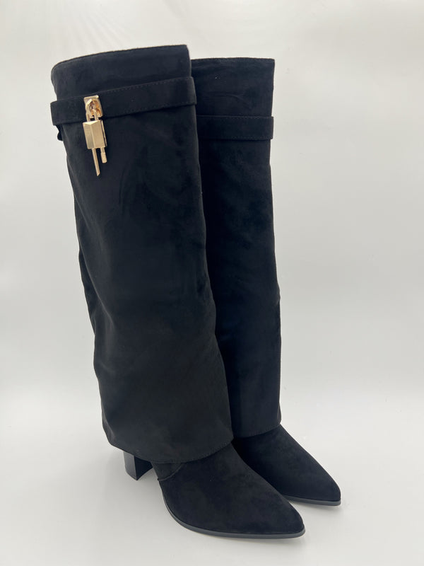 Black Fold Over Faux Suede Boots in Black / 36/3 - HL London