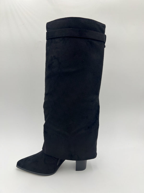 Black Fold Over Faux Suede Boots in Black / 36/3 - HL London