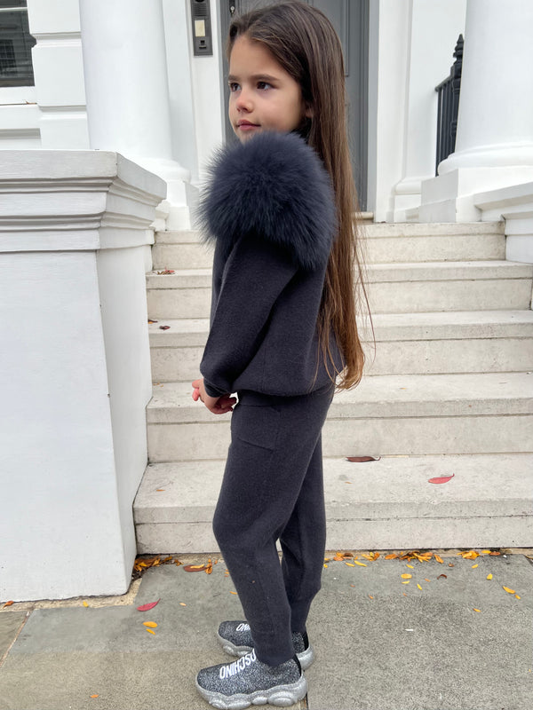 Childrens Charcoal Luxury Fur Roll Neck Jogger Tracksuit