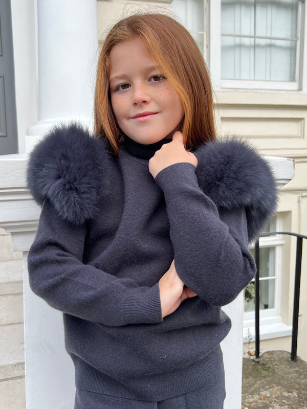 Childrens Charcoal Luxury Fur Roll Neck Wide Leg Tracksuit
