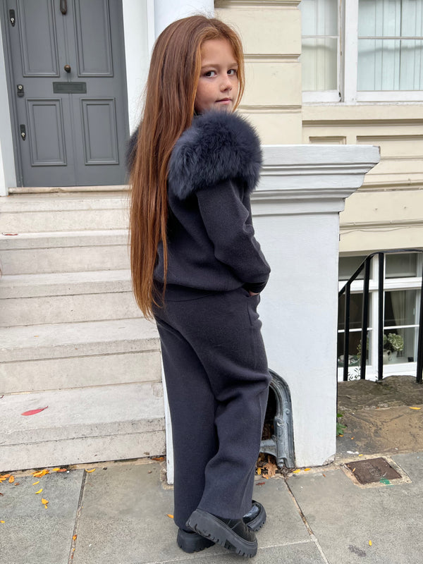 Childrens Charcoal Luxury Fur Roll Neck Wide Leg Tracksuit
