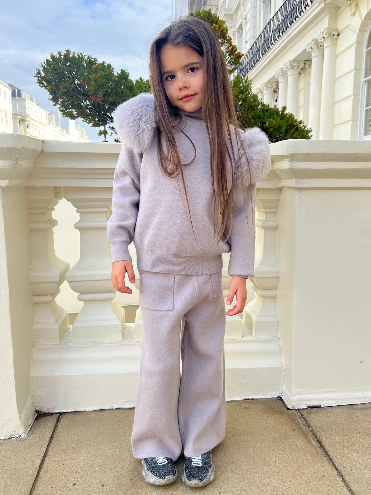 Light Grey Luxury Fur Roll Neck Wide Leg Tracksuit