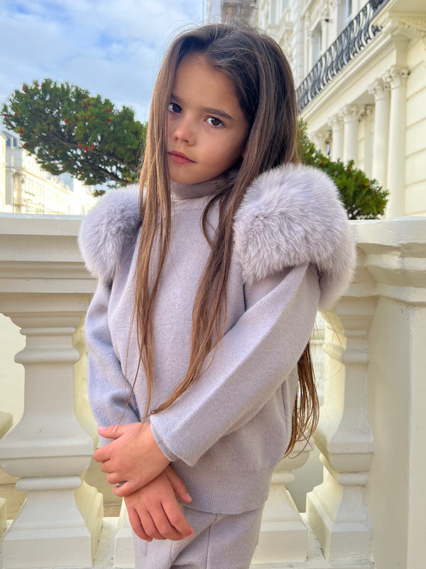 Childrens Light Grey Luxury Fur Roll Neck Wide Leg Tracksuit