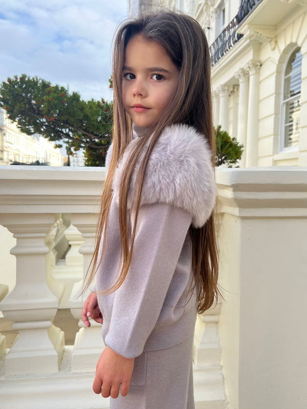 Childrens Light Grey Luxury Fur Roll Neck Wide Leg Tracksuit