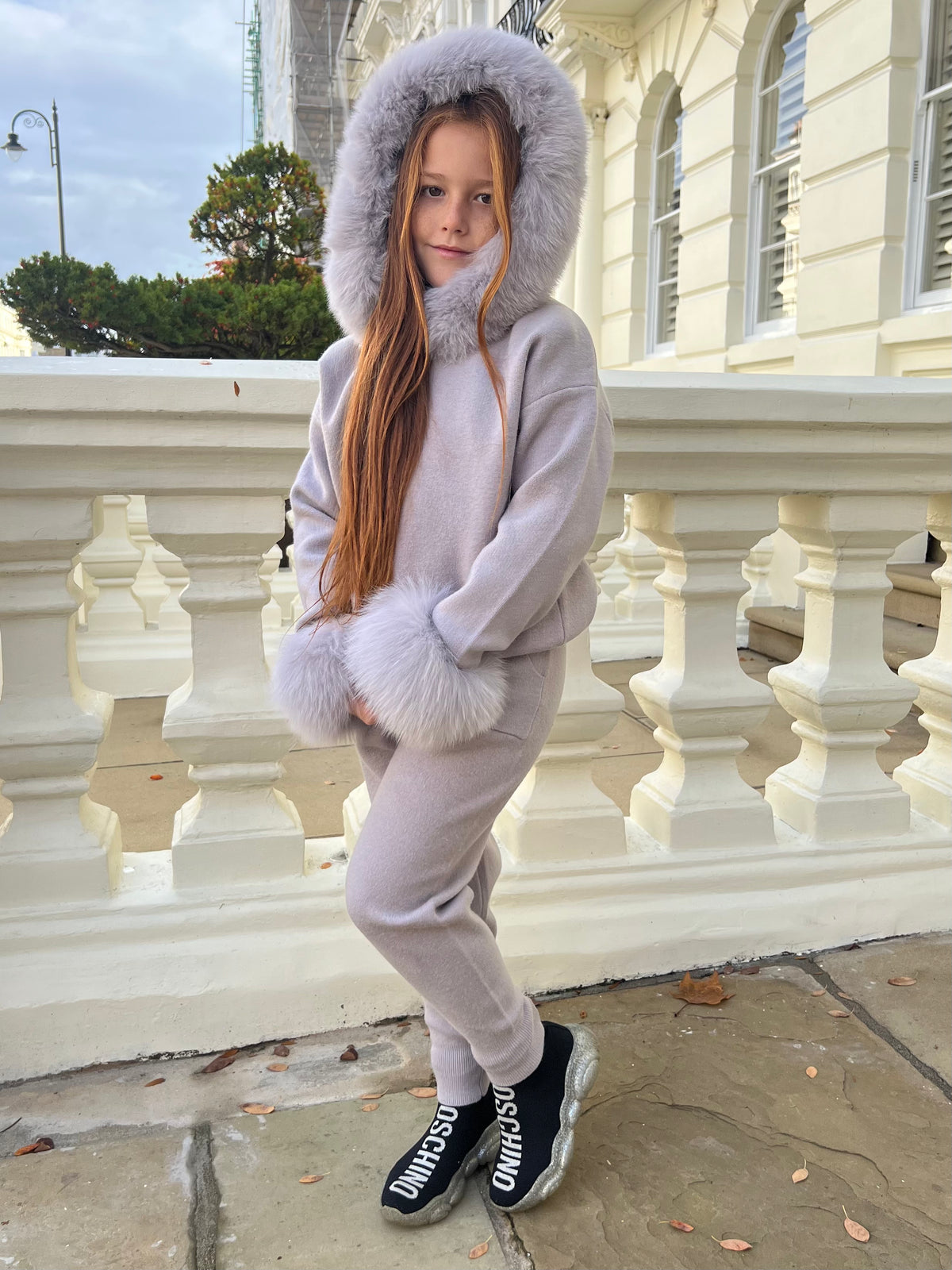 Light Grey Luxury Fur Trim Hood & Cuff Tracksuit