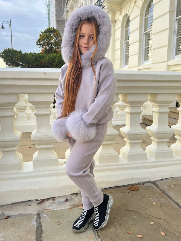 Childrens Light Grey Luxury Fur Trim Hood & Cuff Tracksuit