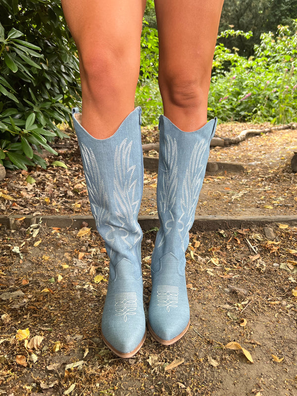 Denim Knee High Cowboy Boots