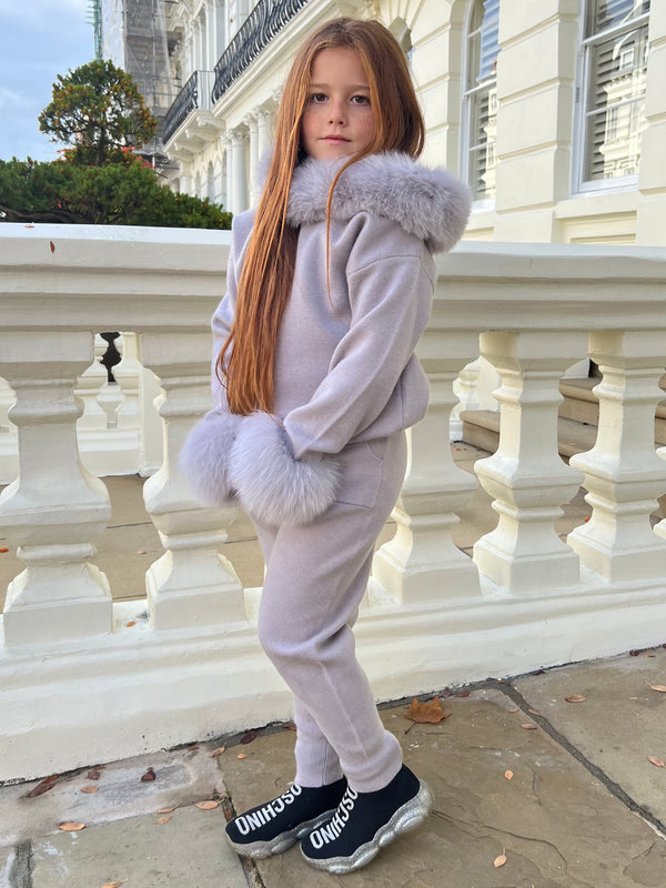 Childrens Light Grey Luxury Fur Trim Hood & Cuff Tracksuit