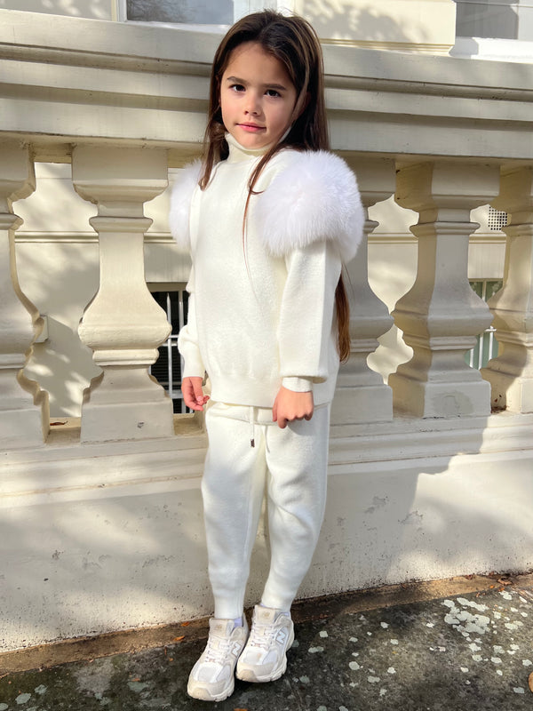 Childrens Cream Luxury Fur Roll Neck Jogger Tracksuit