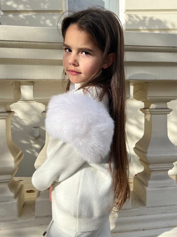 Childrens Cream Luxury Fur Roll Neck Jogger Tracksuit