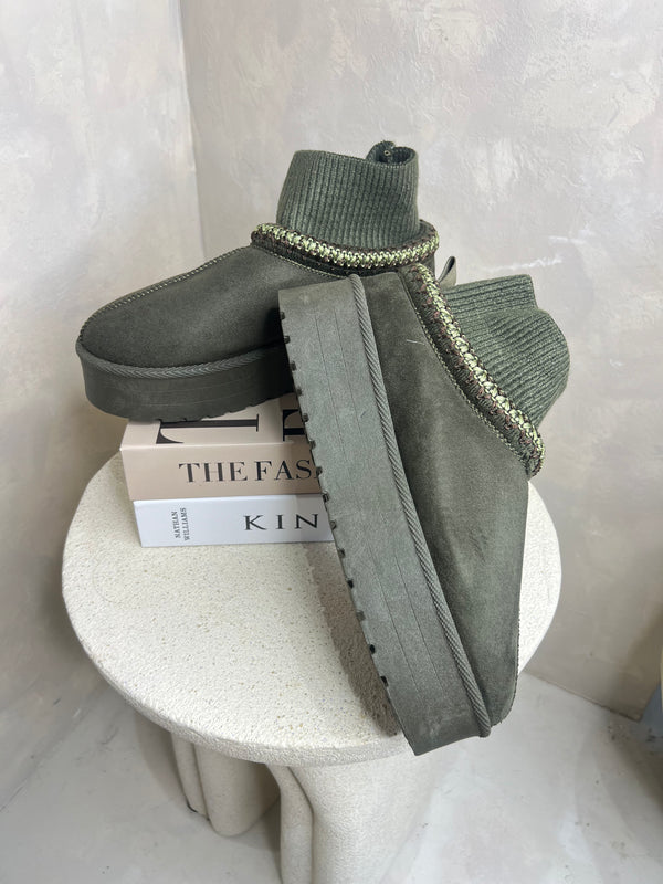 Khaki Backless Cuffed Ankle Platform Slipper