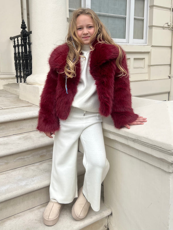 Burgundy Childrens Collared Faux Fur Coat