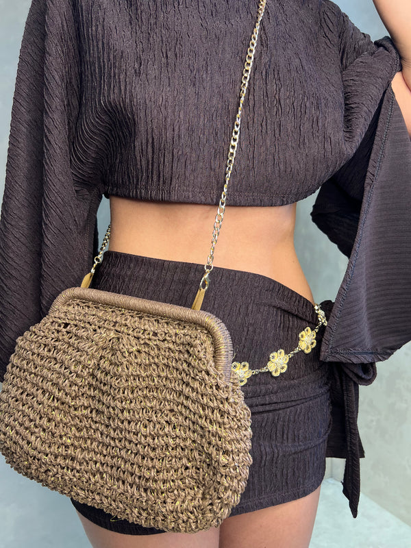 Chocolate Crochet Gold Accent Clutch Bag - HL London