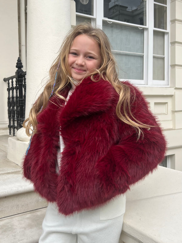 Burgundy Childrens Collared Faux Fur Coat
