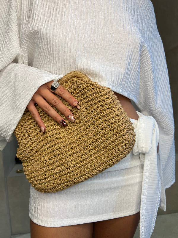 Tan Crochet Gold Accent Clutch Bag - HL London