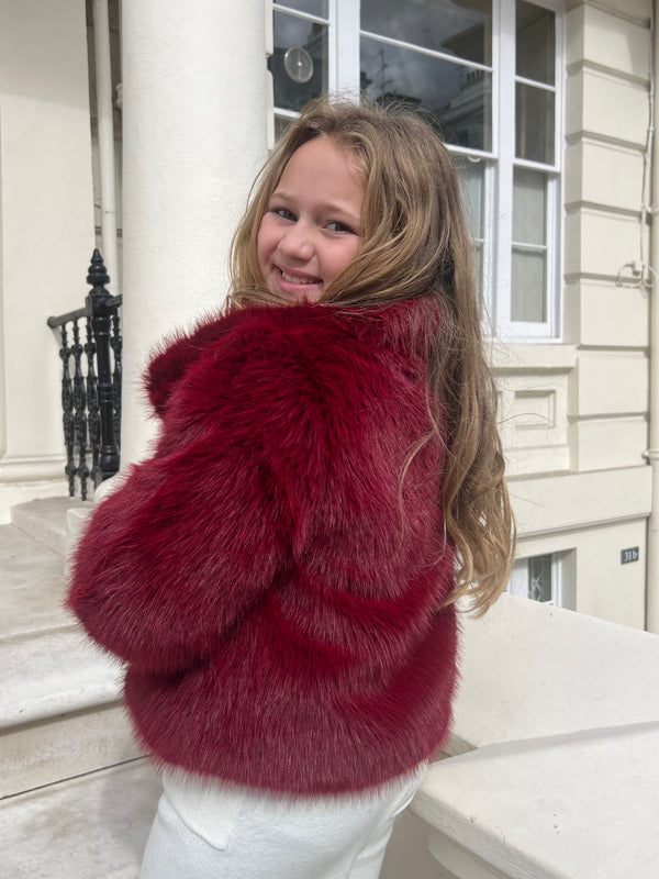 Burgundy Childrens Collared Faux Fur Coat