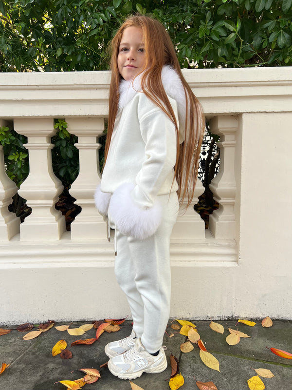 Childrens Cream Luxury Fur Trim Hood & Cuff Tracksuit