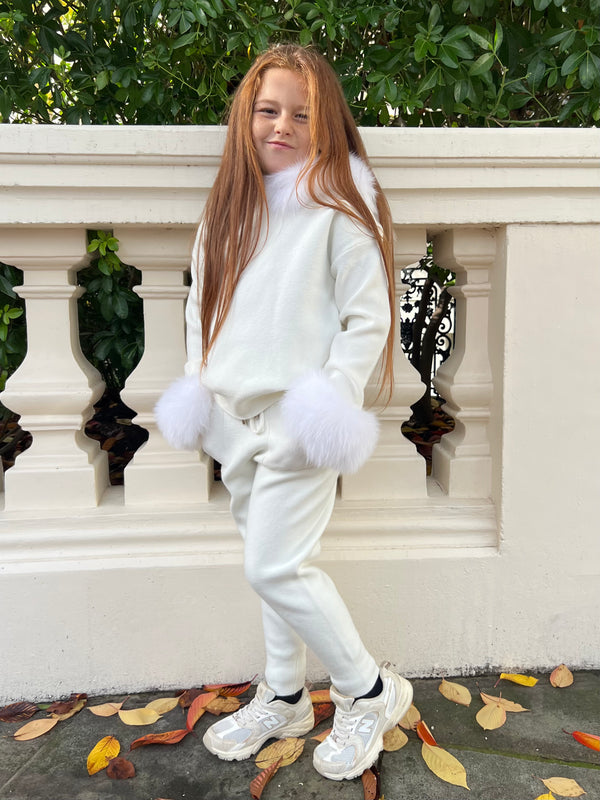 Childrens Cream Luxury Fur Trim Hood & Cuff Tracksuit