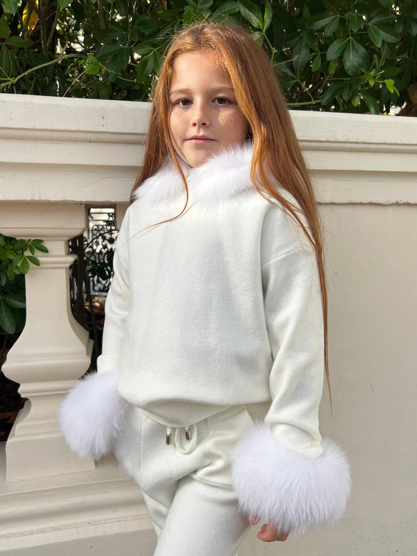 Childrens Cream Luxury Fur Trim Hood & Cuff Tracksuit