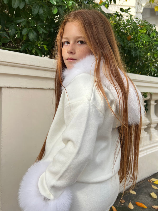 Childrens Cream Luxury Fur Trim Hood & Cuff Tracksuit