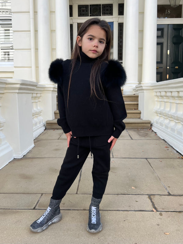 Childrens Black Luxury Fur Roll Neck Jogger Tracksuit