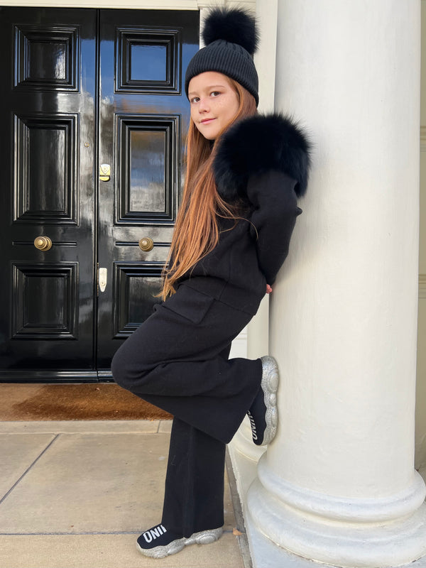 Childrens Black Luxury Fur Roll Neck Wide Leg Tracksuit