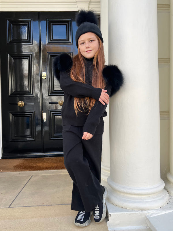 Childrens Black Luxury Fur Bobble Hat