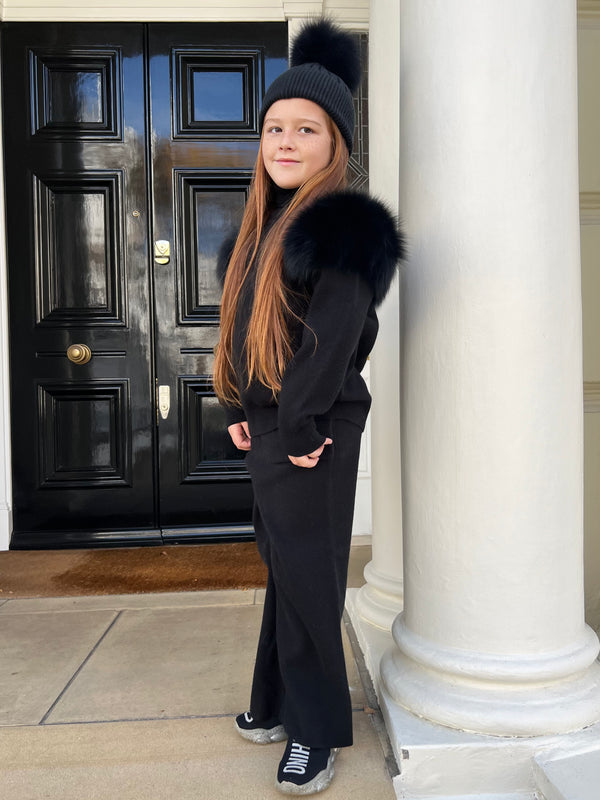 Childrens Black Luxury Fur Bobble Hat