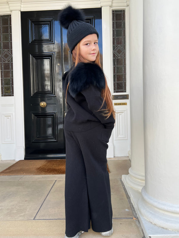 Childrens Black Luxury Fur Roll Neck Wide Leg Tracksuit