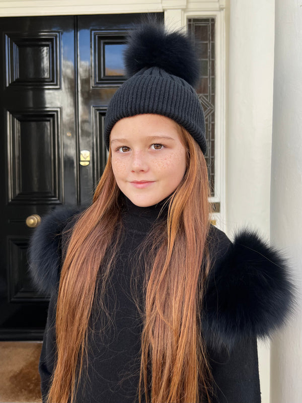 Childrens Black Luxury Fur Bobble Hat