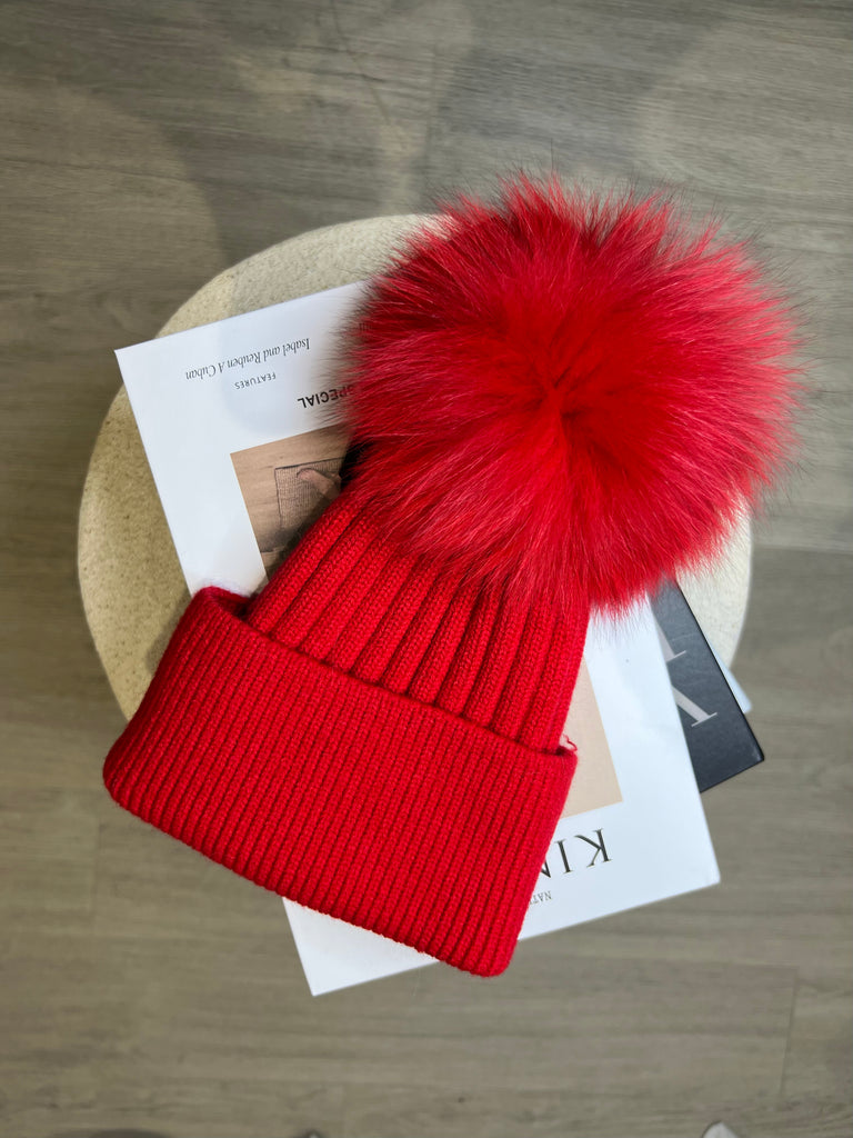 Kids Red Luxury Fur Bobble Hat - H&L 
