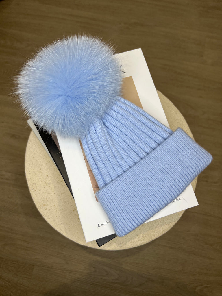 Kids Baby Blue Luxury Fur Bobble Hat - H&L 