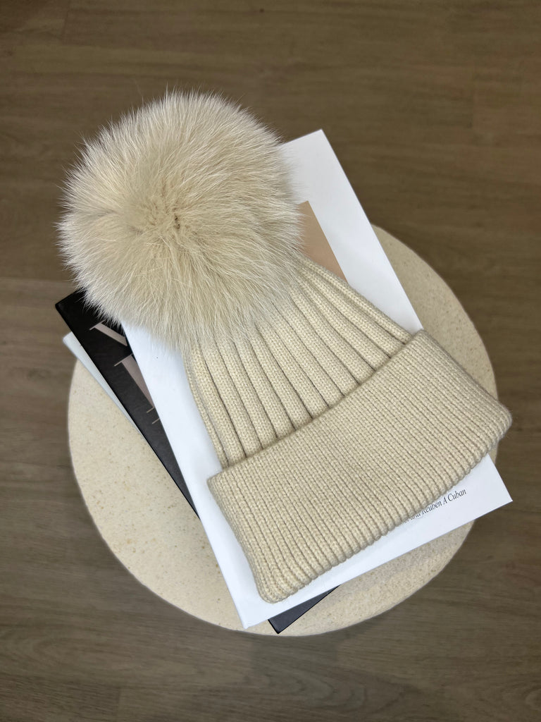 Kids Beige Luxury Fur Bobble Hat - H&L 