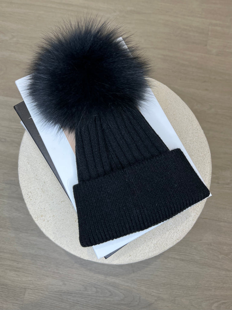 Kids Black Luxury Fur Bobble Hat - H&L 