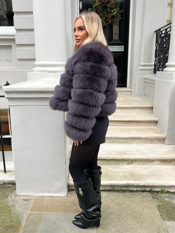 Charcoal Luxury Fur 5 Row Long Sleeve Jacket