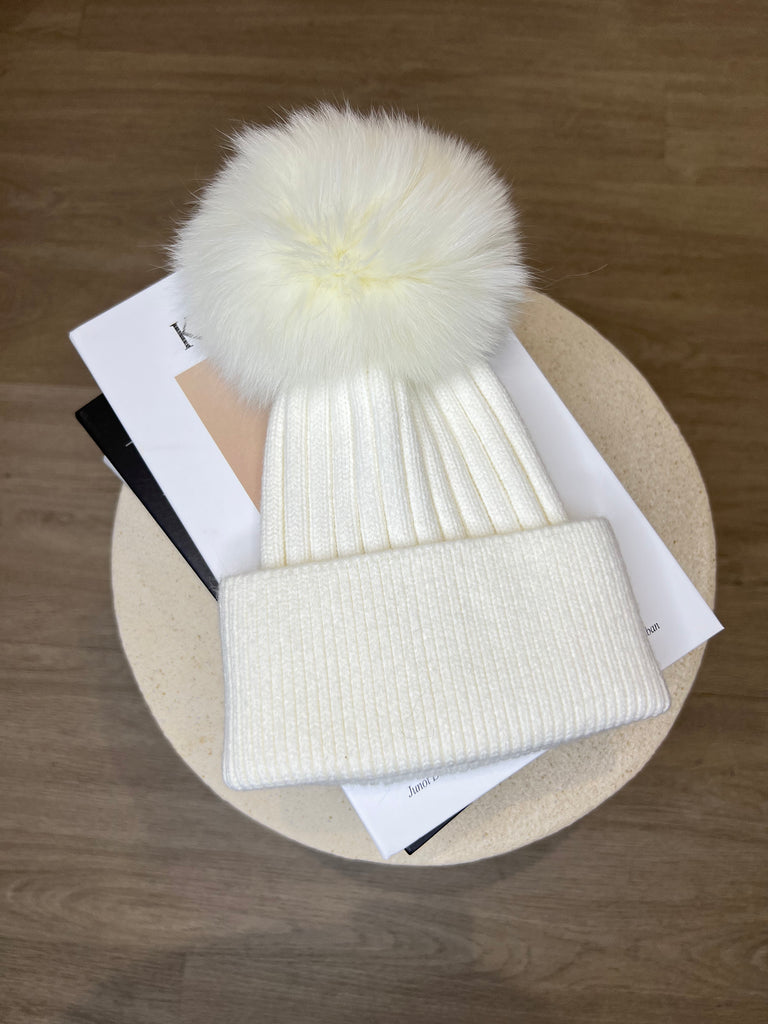 Kids White/White Luxury Fur Bobble Hat - H&L 