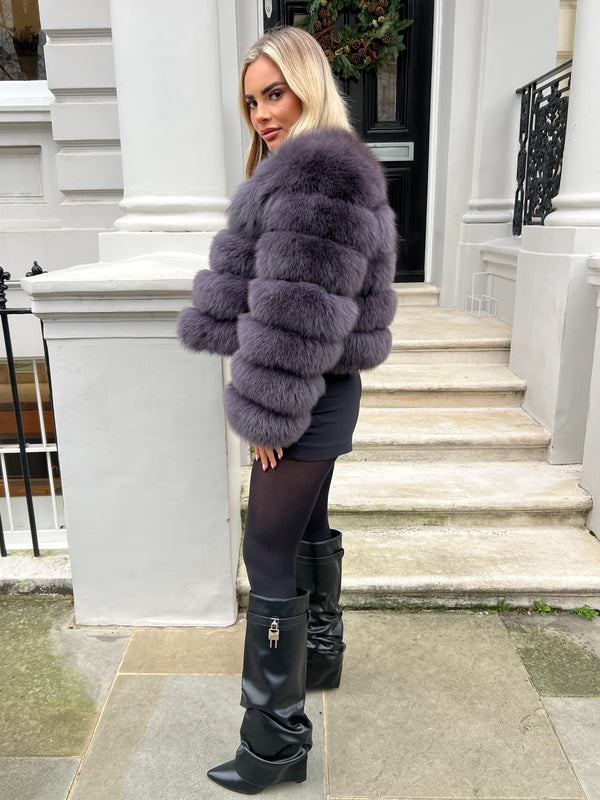 Charcoal Luxury Fur 5 Row Long Sleeve Jacket