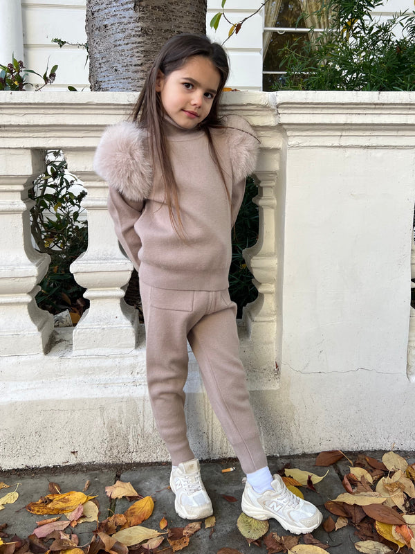 Childrens Beige Luxury Fur Roll Neck Jogger Tracksuit