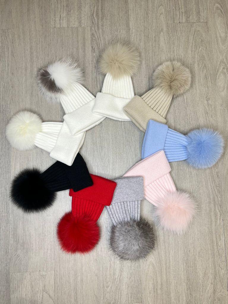 Kids White/Beige Luxury Fur Bobble Hat - H&L 