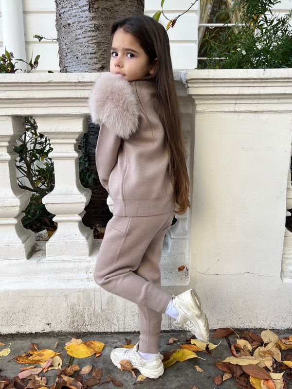 Childrens Beige Luxury Fur Roll Neck Jogger Tracksuit
