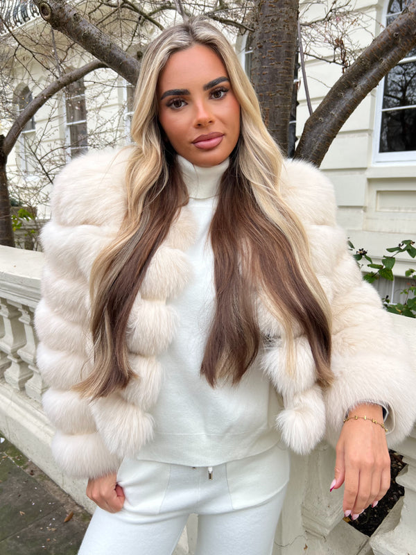 Beige Luxury Fur 5 Row Long Sleeve Jacket