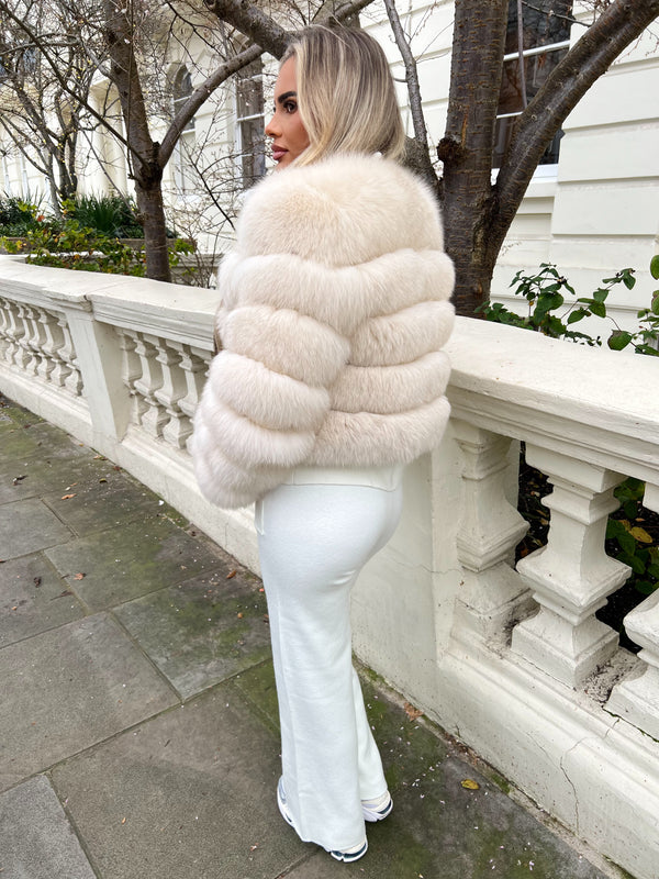 Beige Luxury Fur 5 Row Long Sleeve Jacket