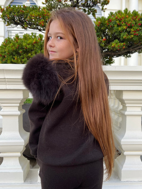 Childrens Chocolate Luxury Fur Roll Neck Jogger Tracksuit