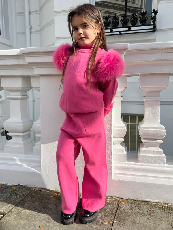 Childrens Hot Pink Luxury Fur Roll Neck Wide Leg Tracksuit