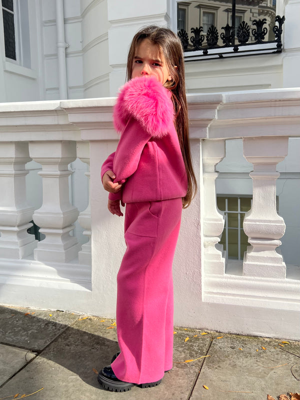Childrens Hot Pink Luxury Fur Roll Neck Wide Leg Tracksuit