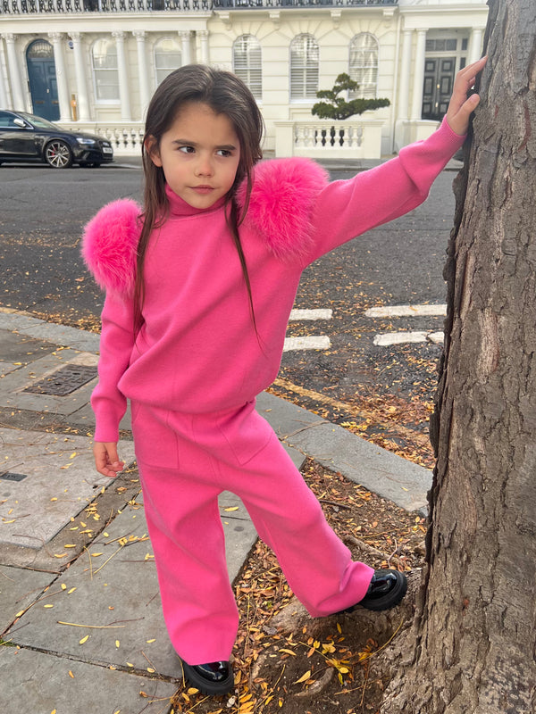 Childrens Hot Pink Luxury Fur Roll Neck Wide Leg Tracksuit