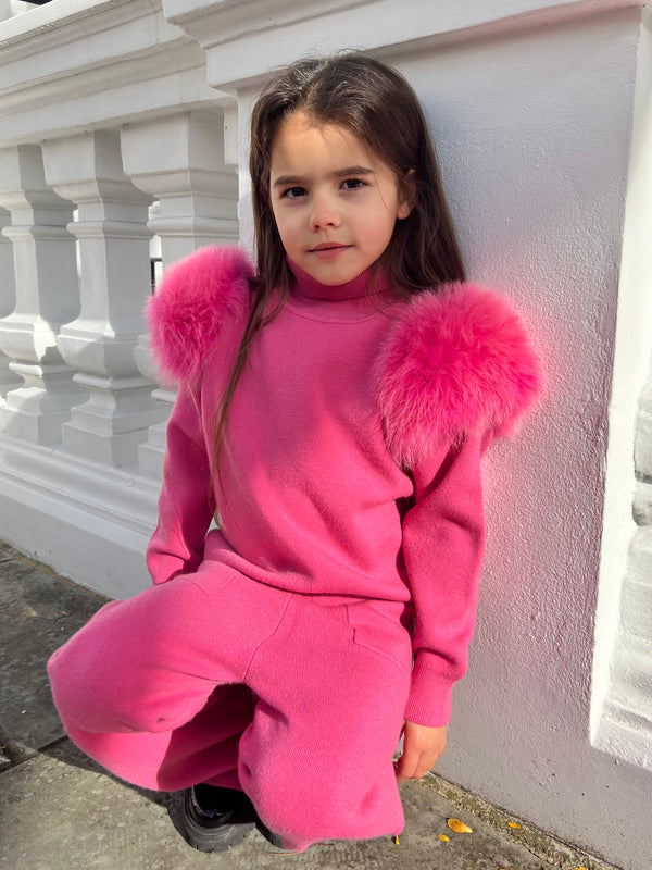 Childrens Hot Pink Luxury Fur Roll Neck Wide Leg Tracksuit