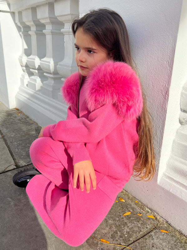 Childrens Hot Pink Luxury Fur Roll Neck Wide Leg Tracksuit