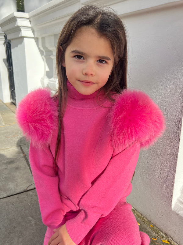 Childrens Hot Pink Luxury Fur Roll Neck Wide Leg Tracksuit