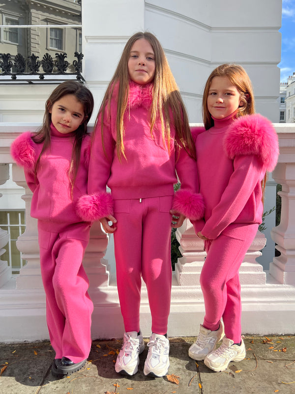 Childrens Hot Pink Luxury Fur Trim Hood & Cuff Tracksuit